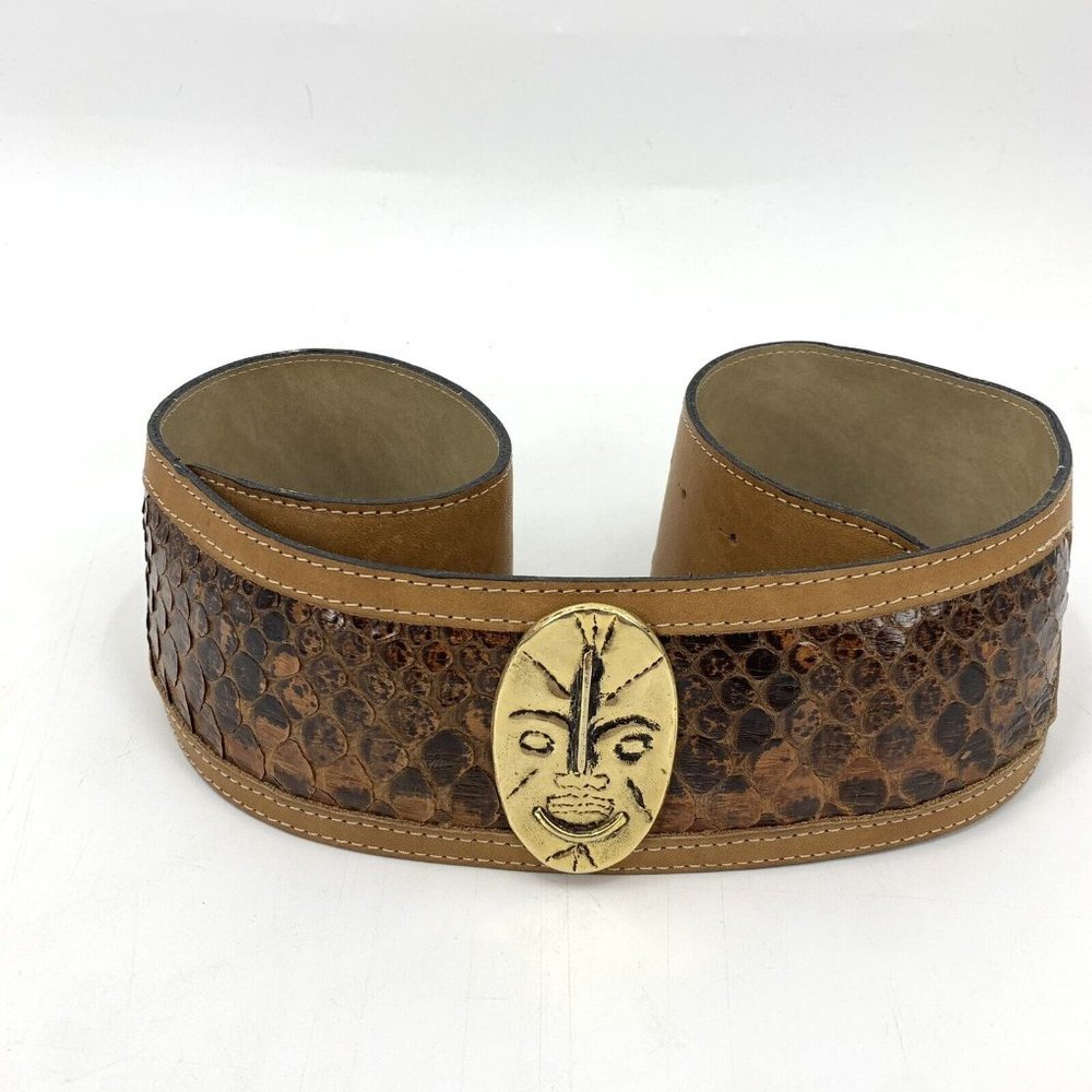Enrico Creazioni Vintage Brown Leather Belt Snakeskin Brass Face Mask 32" - 36"